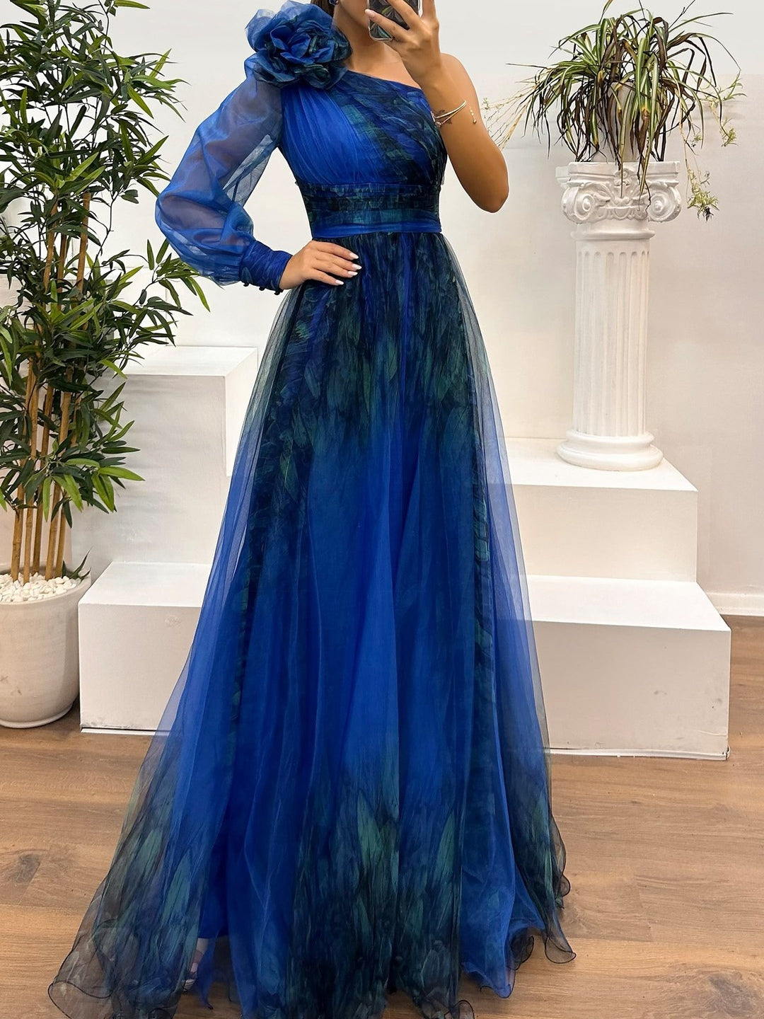 Gradient Abstract Print One-Shoulder Mesh Maxi Dress