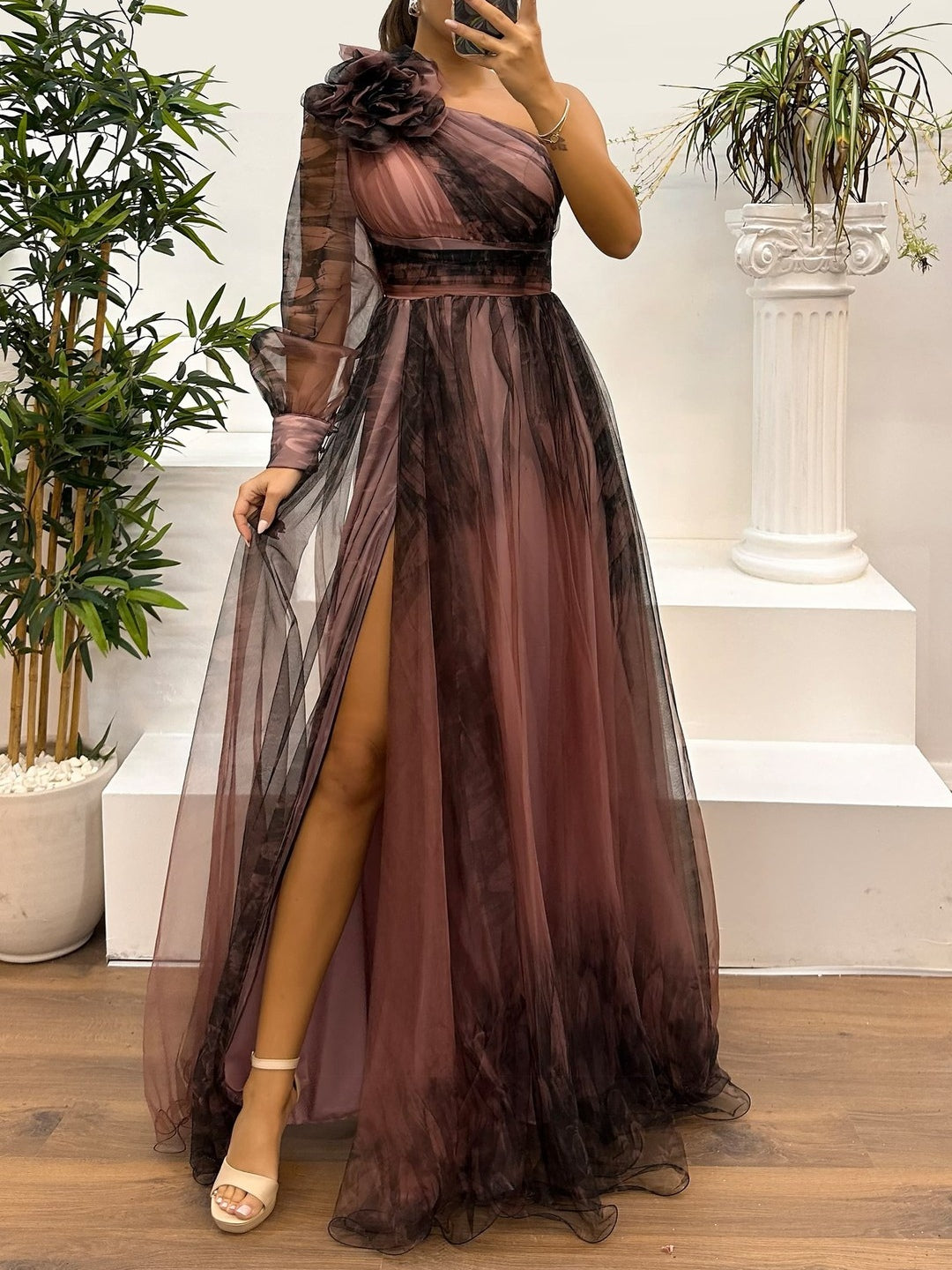 Gradient Abstract Print One-Shoulder Mesh Maxi Dress