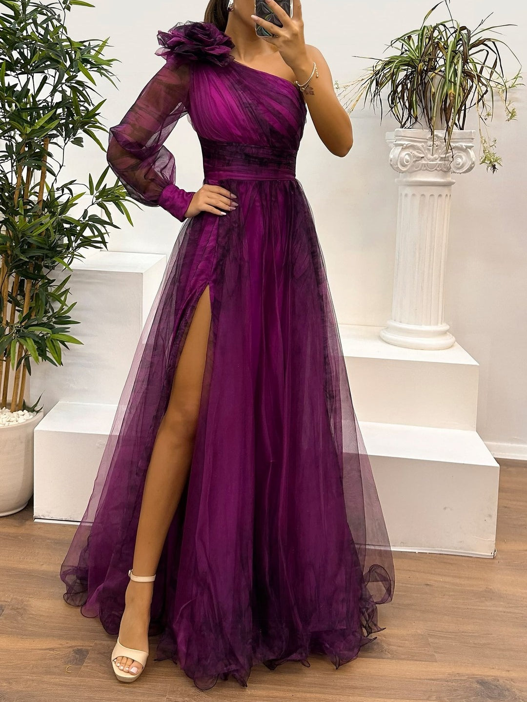 Gradient Abstract Print One-Shoulder Mesh Maxi Dress