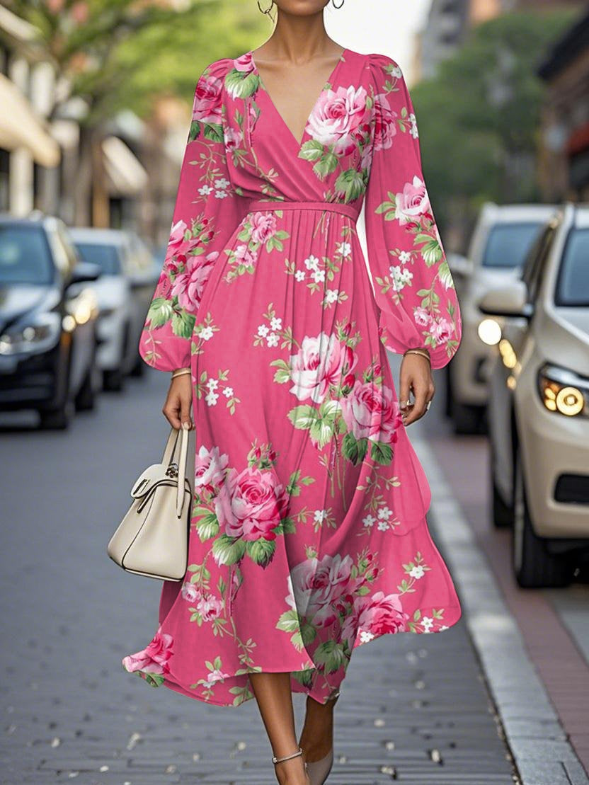 Floral Pleated Chiffon V-Neck Midi Dress
