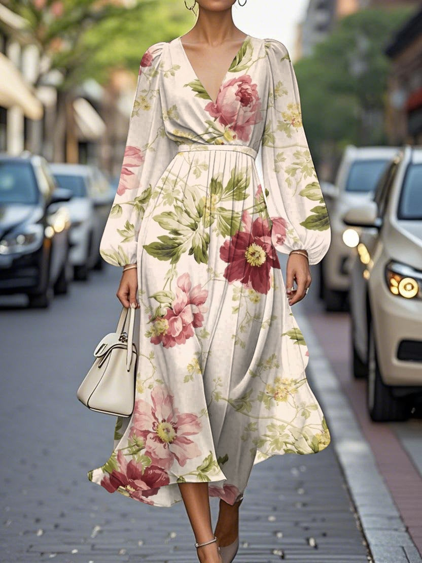 Floral Pleated Chiffon V-Neck Midi Dress