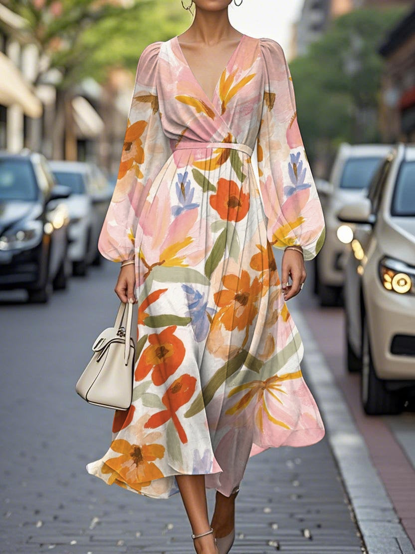 Floral Pleated Chiffon V-Neck Midi Dress