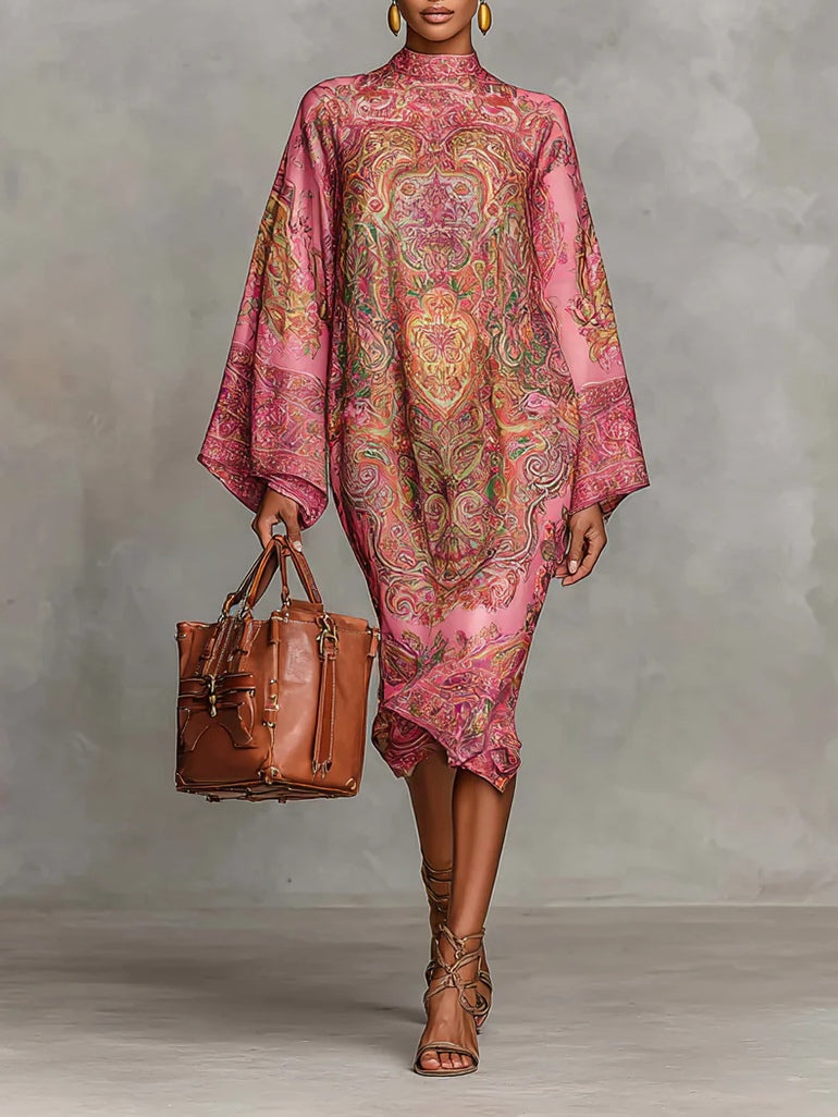 Pink Flared Long Sleeve Midi Dress with Paisley Print