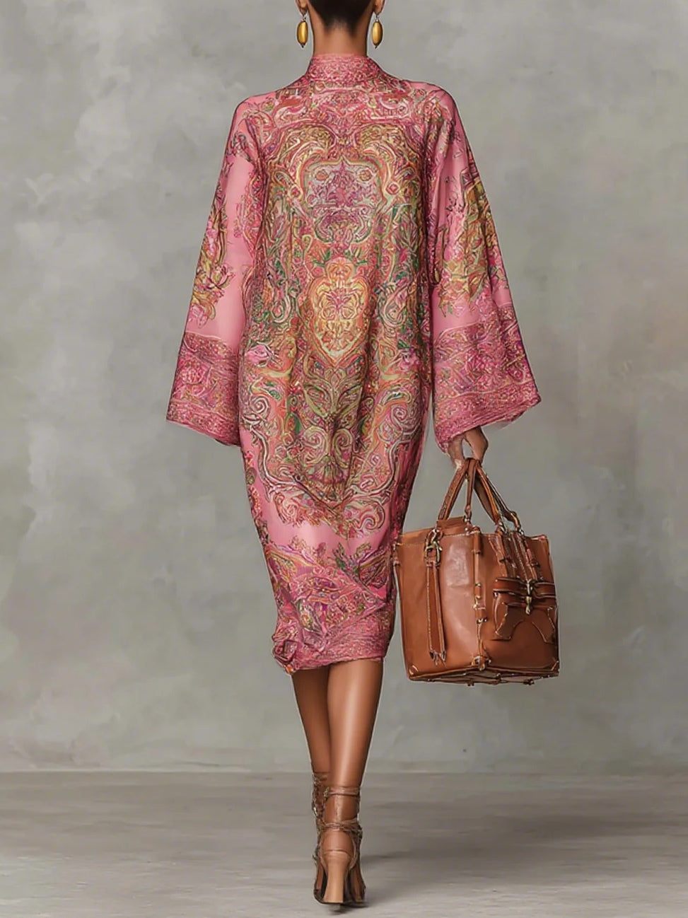 Pink Flared Long Sleeve Midi Dress with Paisley Print
