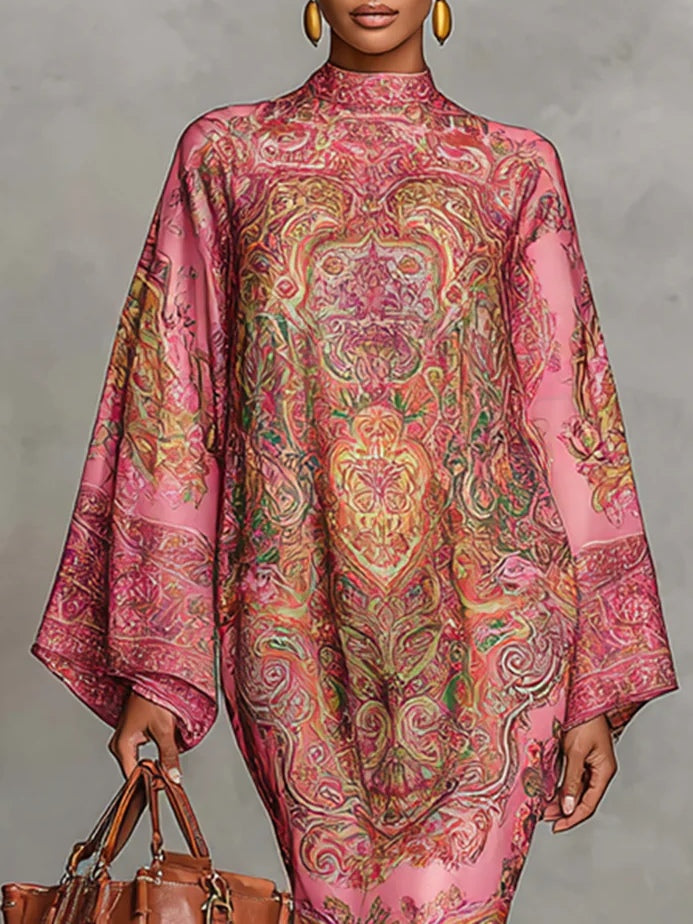 Pink Flared Long Sleeve Midi Dress with Paisley Print