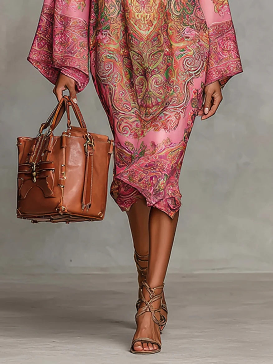 Pink Flared Long Sleeve Midi Dress with Paisley Print