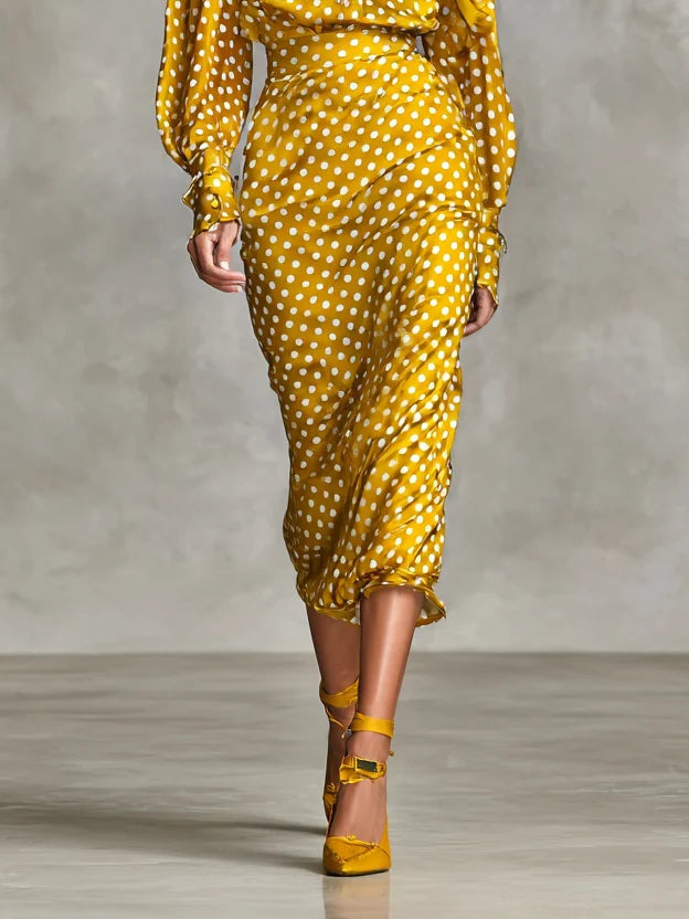 Polka Dot Vintage Two-Piece Satin Set with Shirt and Skirt