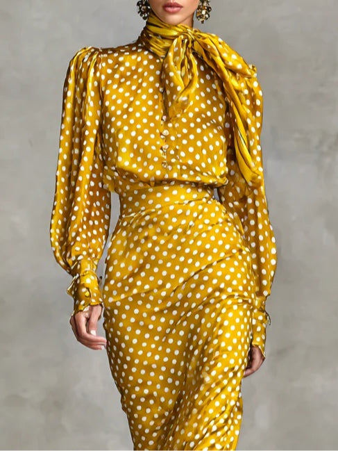 Polka Dot Vintage Two-Piece Satin Set with Shirt and Skirt