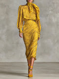 Polka Dot Vintage Two-Piece Satin Set with Shirt and Skirt