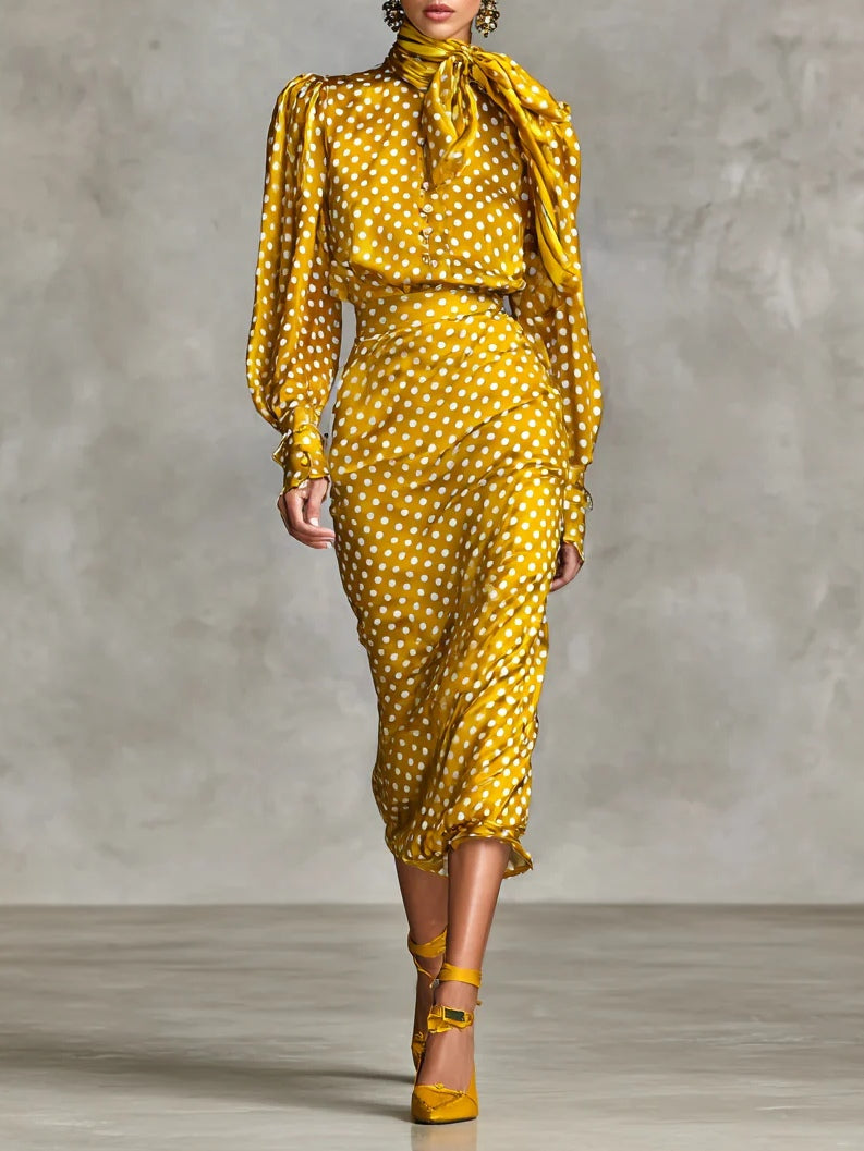 Polka Dot Vintage Two-Piece Satin Set with Shirt and Skirt