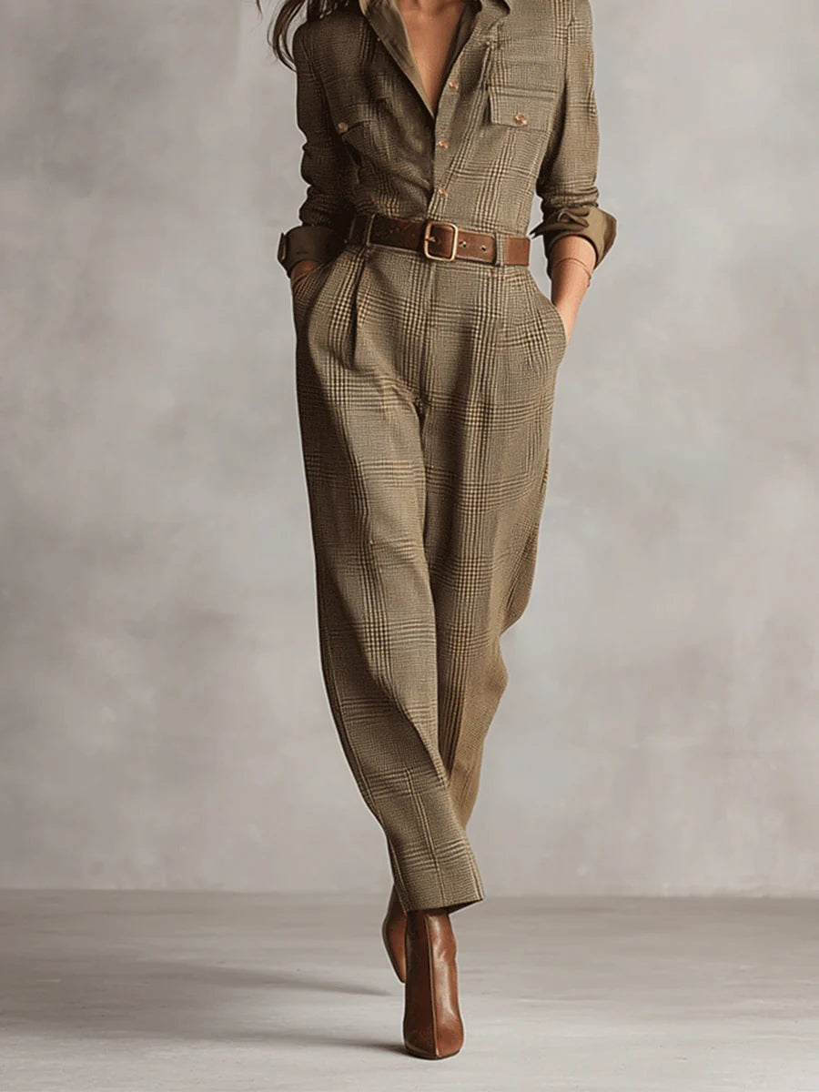 Sophisticated Brown Plaid Tweed Textured Utility Jumpsuit