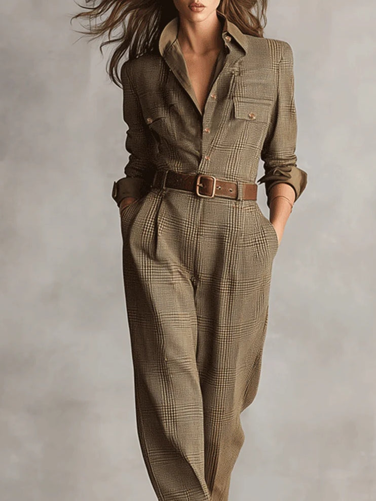 Sophisticated Brown Plaid Tweed Textured Utility Jumpsuit