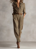Sophisticated Brown Plaid Tweed Textured Utility Jumpsuit