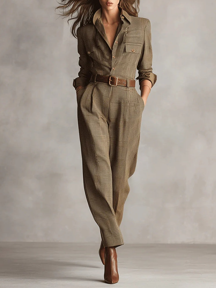 Sophisticated Brown Plaid Tweed Textured Utility Jumpsuit