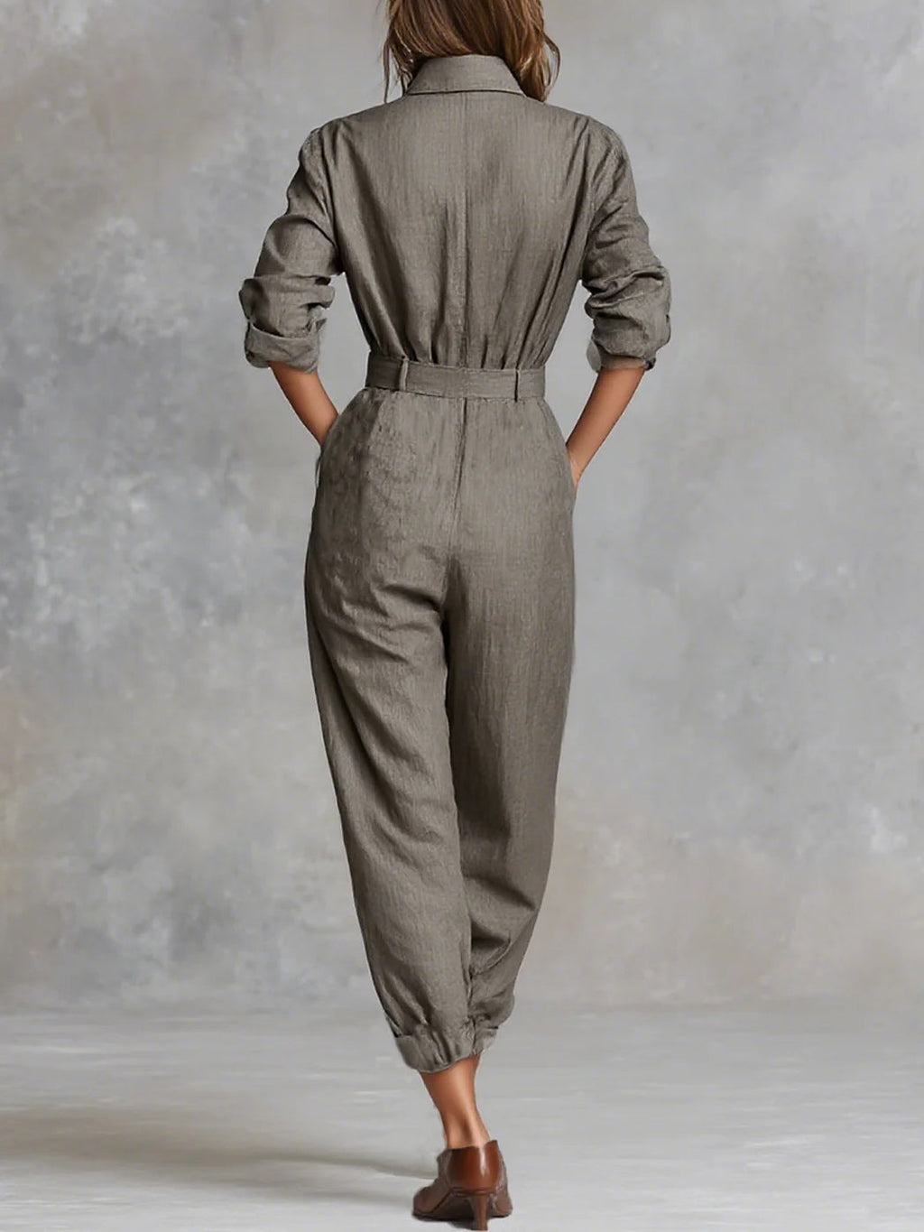 Long-Sleeved Shirt-Style Jumpsuit in Cotton and Linen Blend