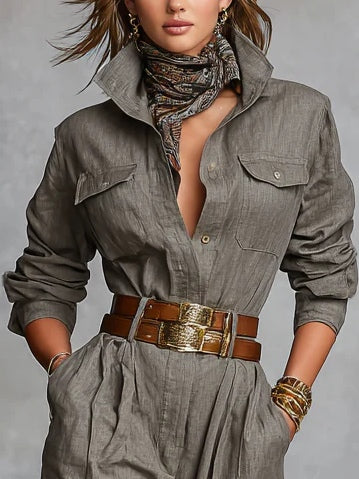 Long-Sleeved Shirt-Style Jumpsuit in Cotton and Linen Blend