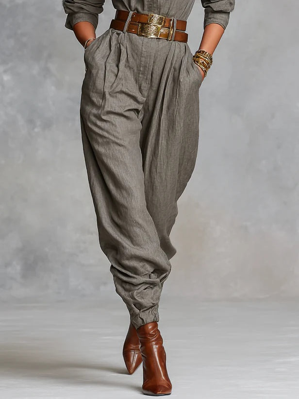 Long-Sleeved Shirt-Style Jumpsuit in Cotton and Linen Blend