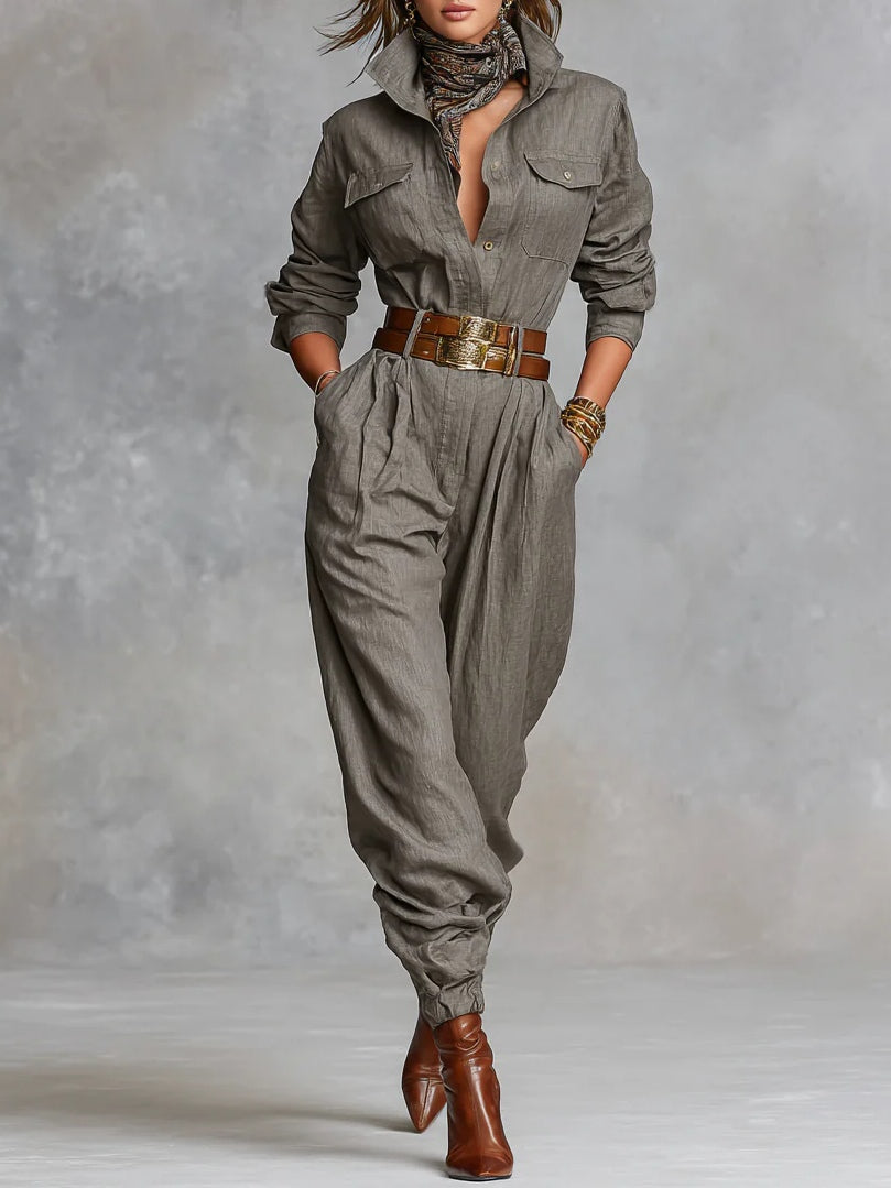 Long-Sleeved Shirt-Style Jumpsuit in Cotton and Linen Blend