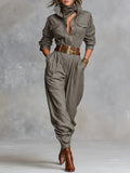 Long-Sleeved Shirt-Style Jumpsuit in Cotton and Linen Blend