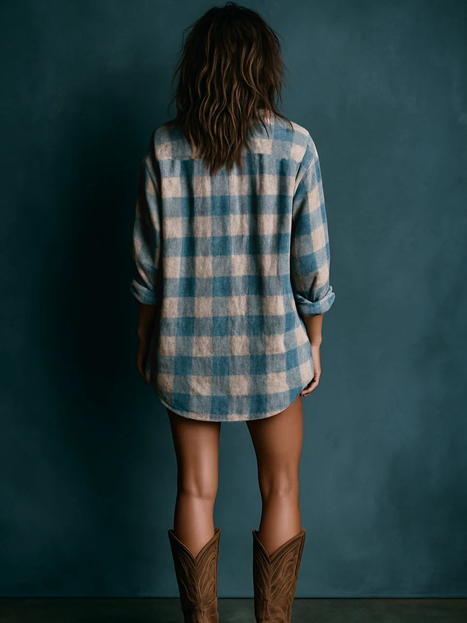 Oversized Blue and White Plaid Long Sleeve Henley Neck Mini Dress