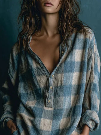 Oversized Blue and White Plaid Long Sleeve Henley Neck Mini Dress