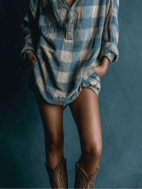Oversized Blue and White Plaid Long Sleeve Henley Neck Mini Dress