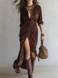 Pleated Velvet Midi Dress with Vintage Buttons