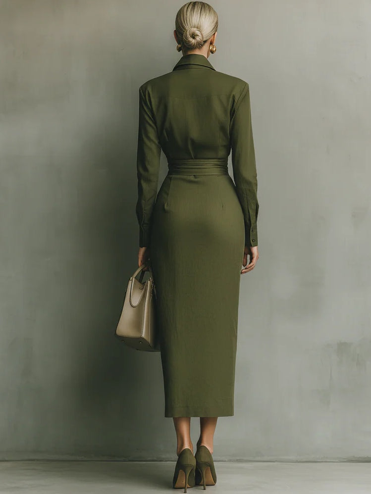 Military Green Cotton Blend Maxi Dress