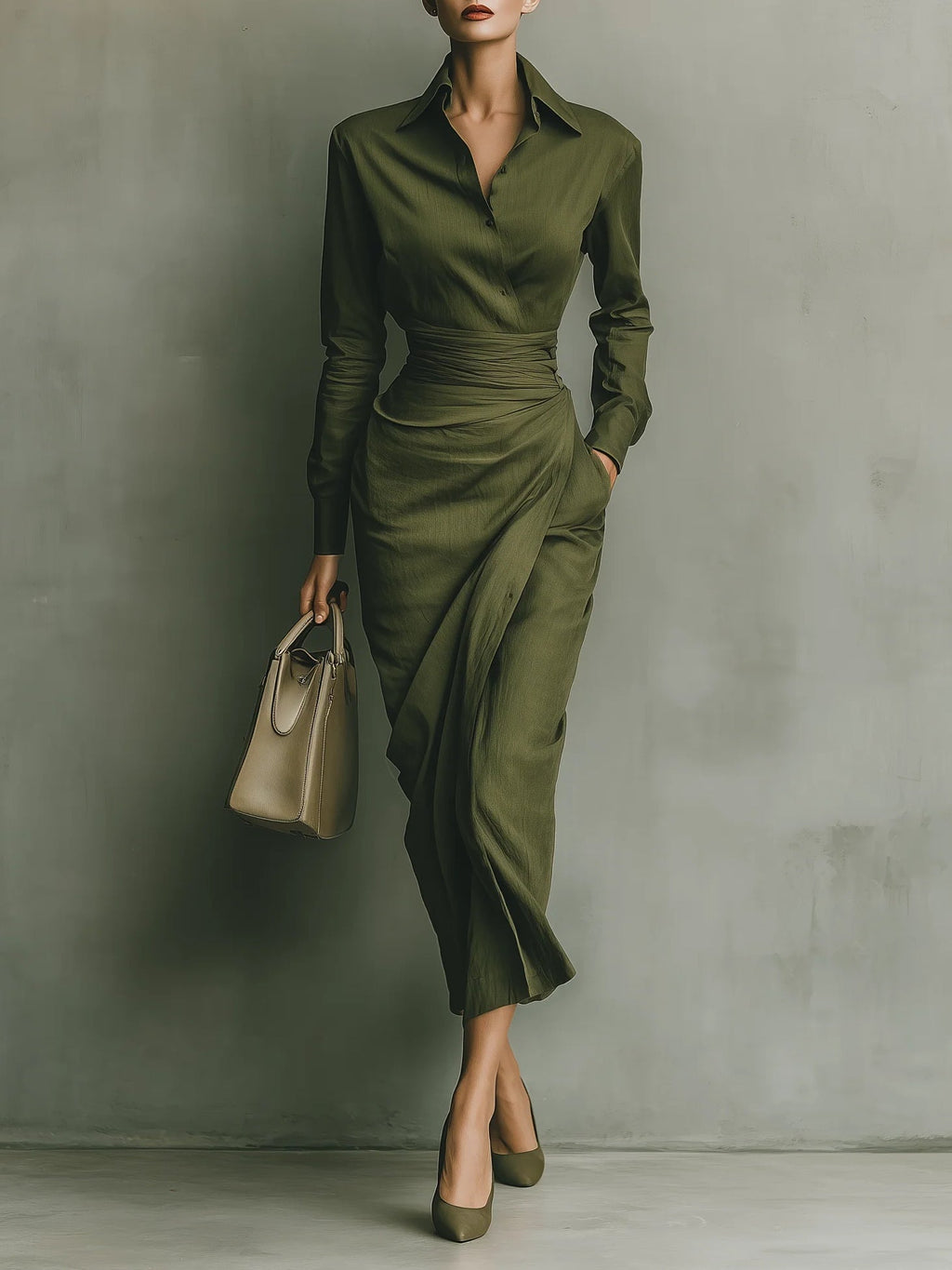 Military Green Cotton Blend Maxi Dress