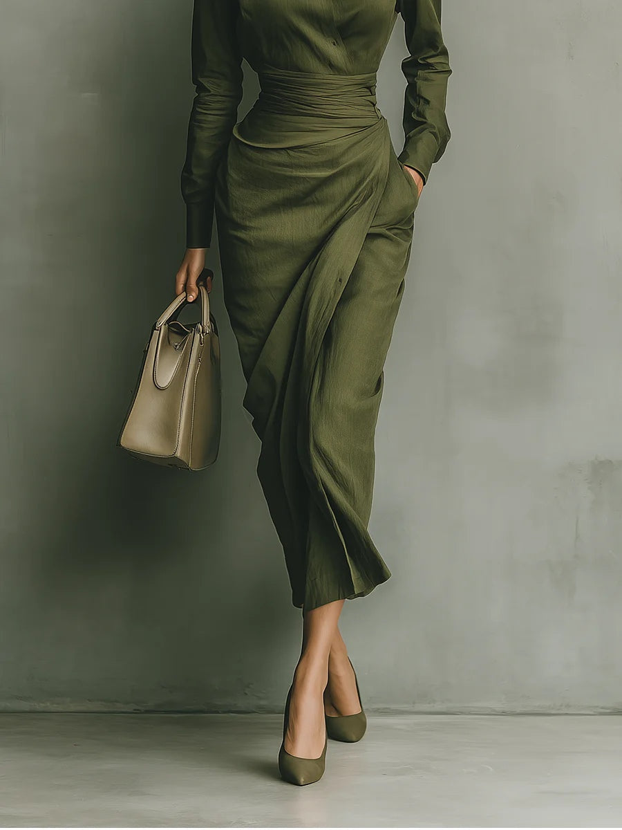 Military Green Cotton Blend Maxi Dress