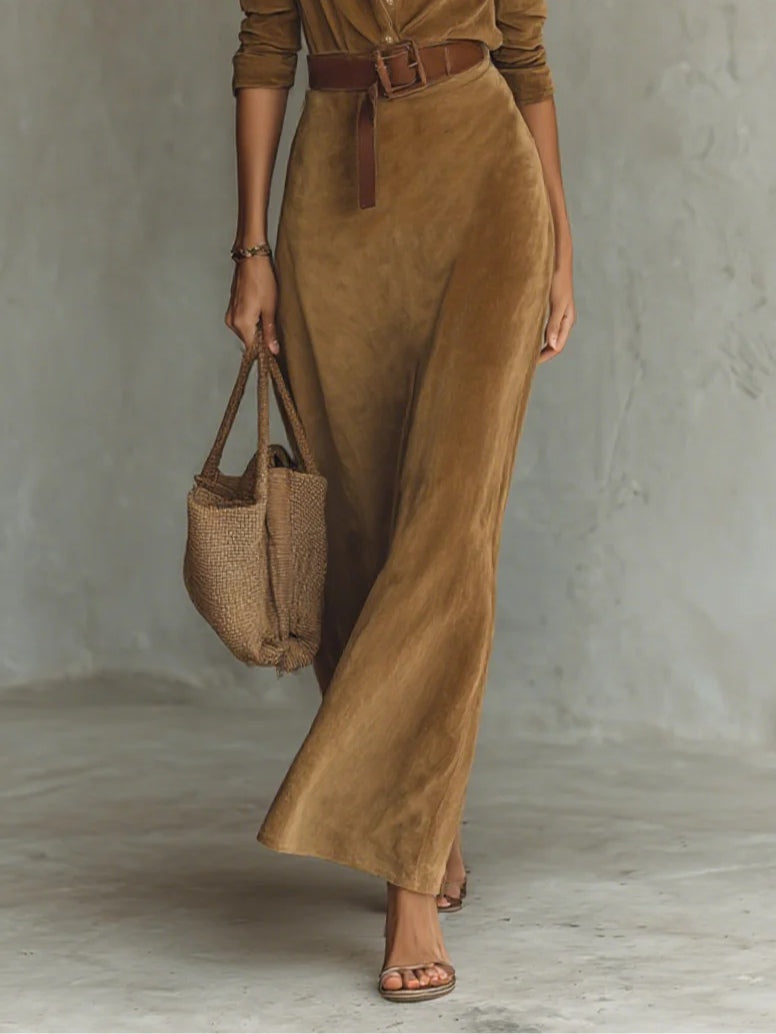 Single-Breasted Suede Maxi Dress with Lapels