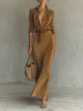 Single-Breasted Suede Maxi Dress with Lapels
