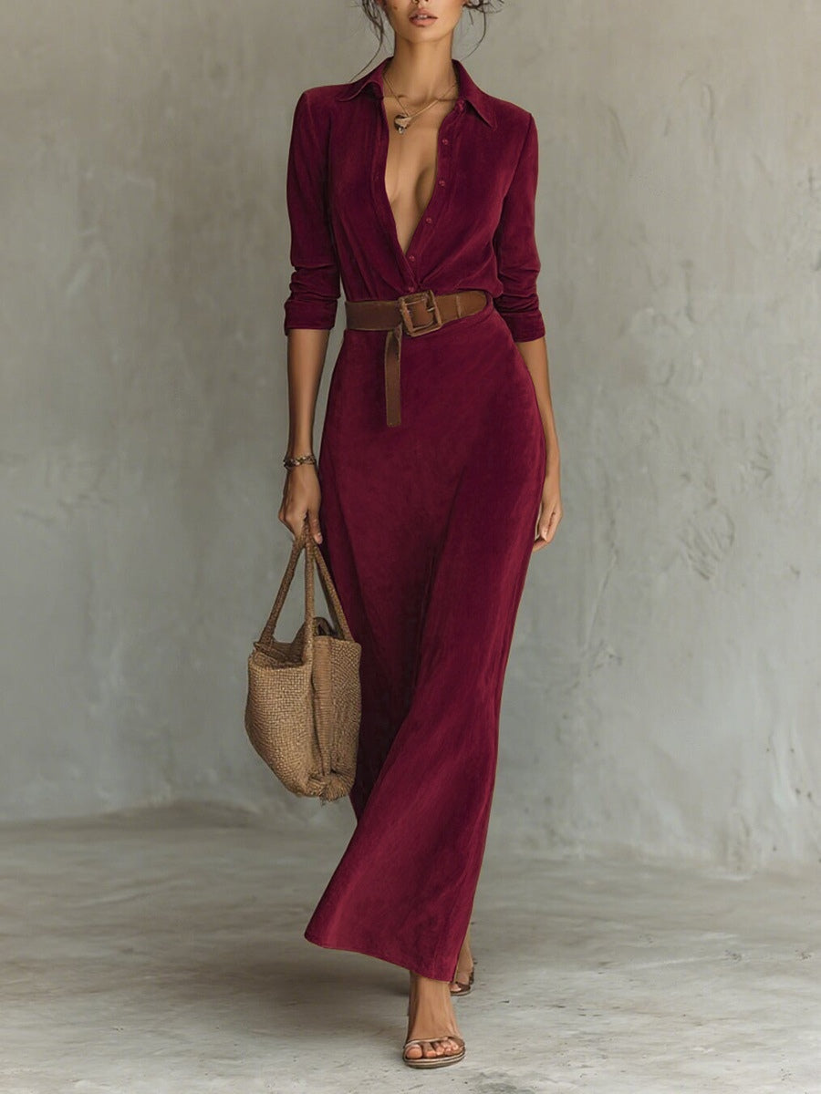 Single-Breasted Suede Maxi Dress with Lapels