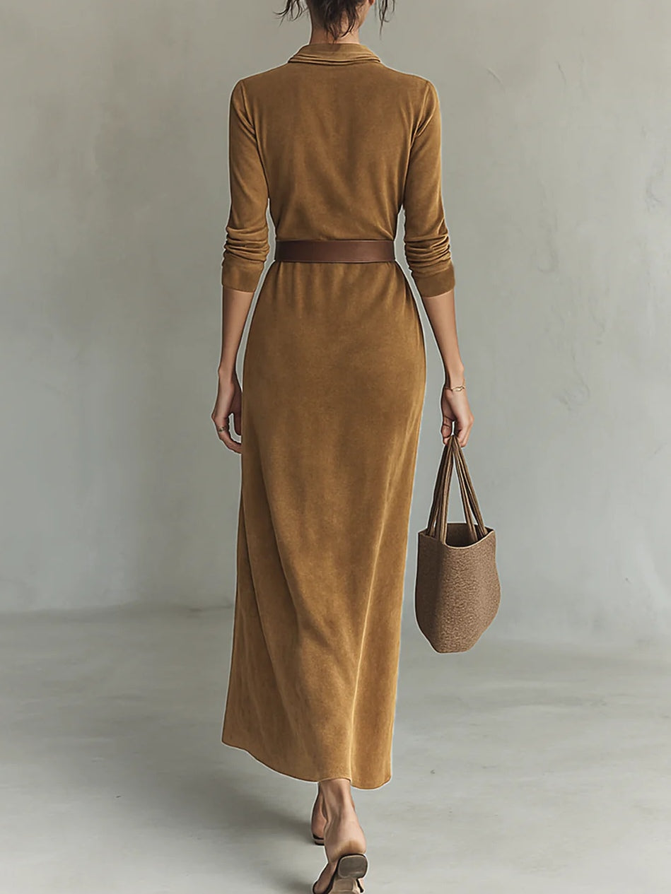 Single-Breasted Suede Maxi Dress with Lapels