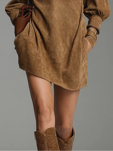 Soft Suede Brown Mini Dress with Zipper and High Neck