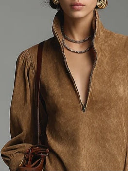 Soft Suede Brown Mini Dress with Zipper and High Neck