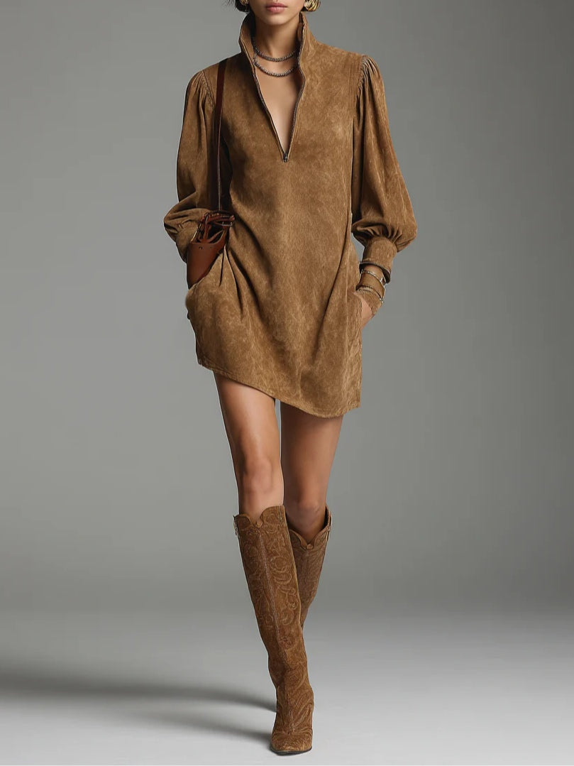 Soft Suede Brown Mini Dress with Zipper and High Neck