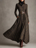 Long shirt dress with lapels and single-breasted brown and black check