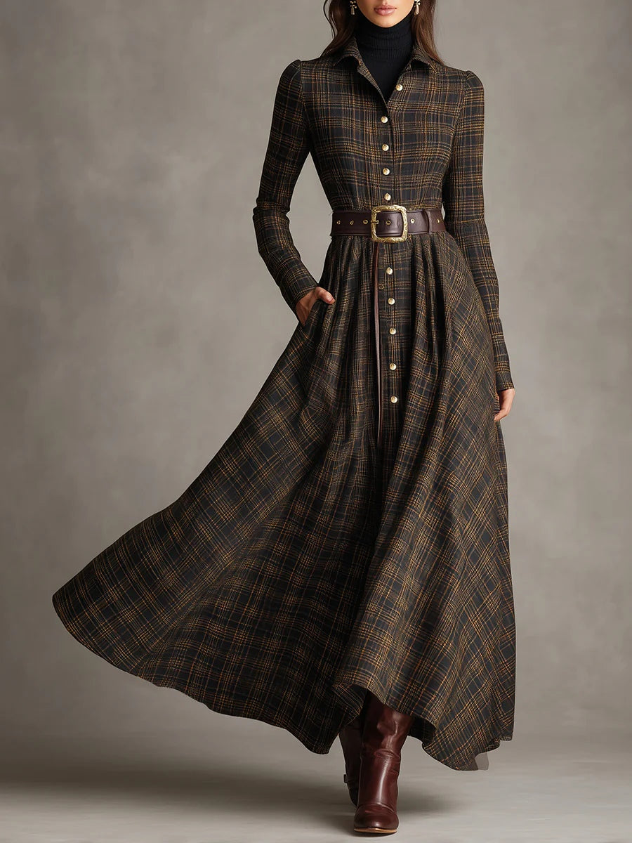 Long shirt dress with lapels and single-breasted brown and black check
