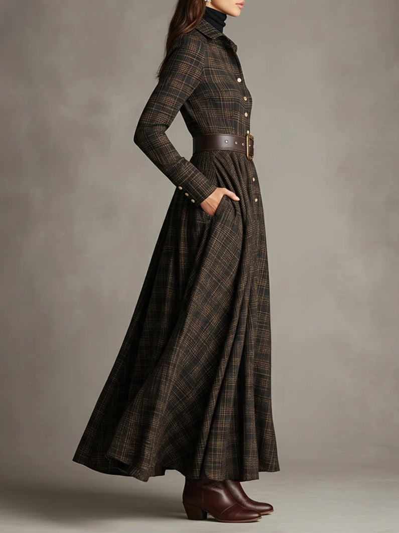 Long shirt dress with lapels and single-breasted brown and black check