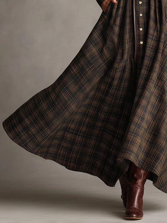 Long shirt dress with lapels and single-breasted brown and black check