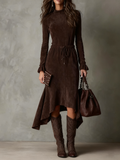 Elegant dark brown suede midi dress with drawstring and asymmetrical hem