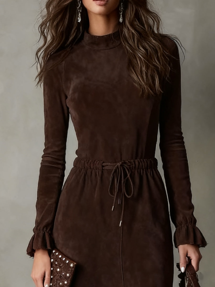 Elegant dark brown suede midi dress with drawstring and asymmetrical hem