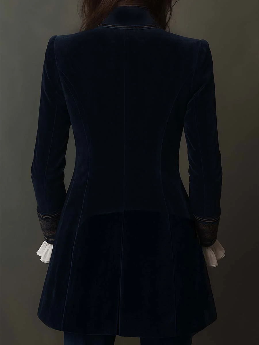 Vintage Long Navy Polyester Velvet Jacket with Embroidery