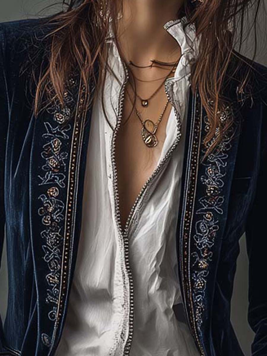 Vintage Long Navy Polyester Velvet Jacket with Embroidery