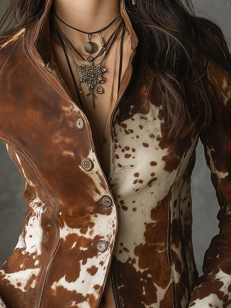 Vintage Slim Fit Jacket with Mandarin Collar and Leopard Print