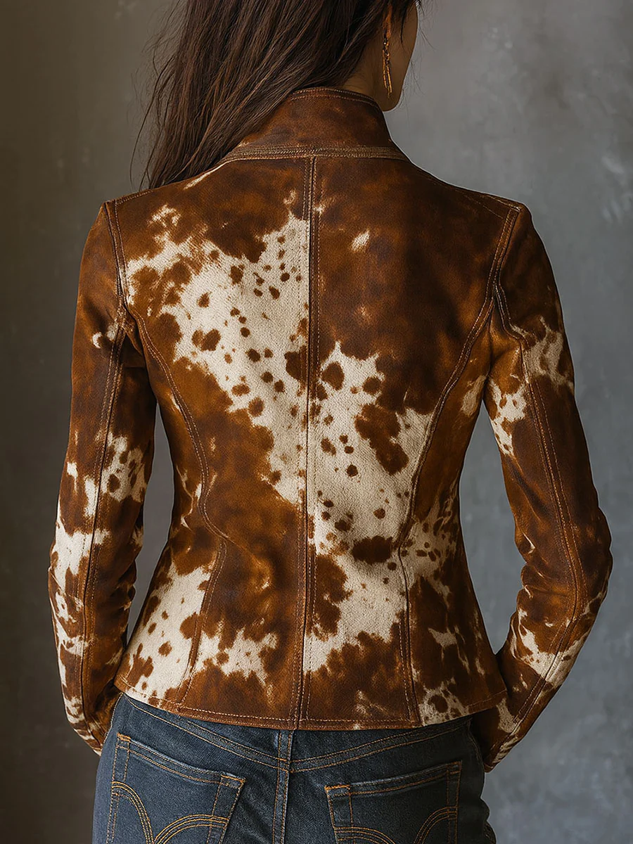 Vintage Slim Fit Jacket with Mandarin Collar and Leopard Print