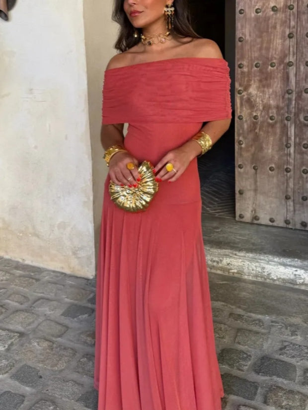 Brown One-Shoulder Mesh Maxi Dress