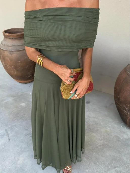 Brown One-Shoulder Mesh Maxi Dress