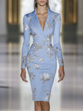 Elegant Blue Floral Print Midi Blazer Dress